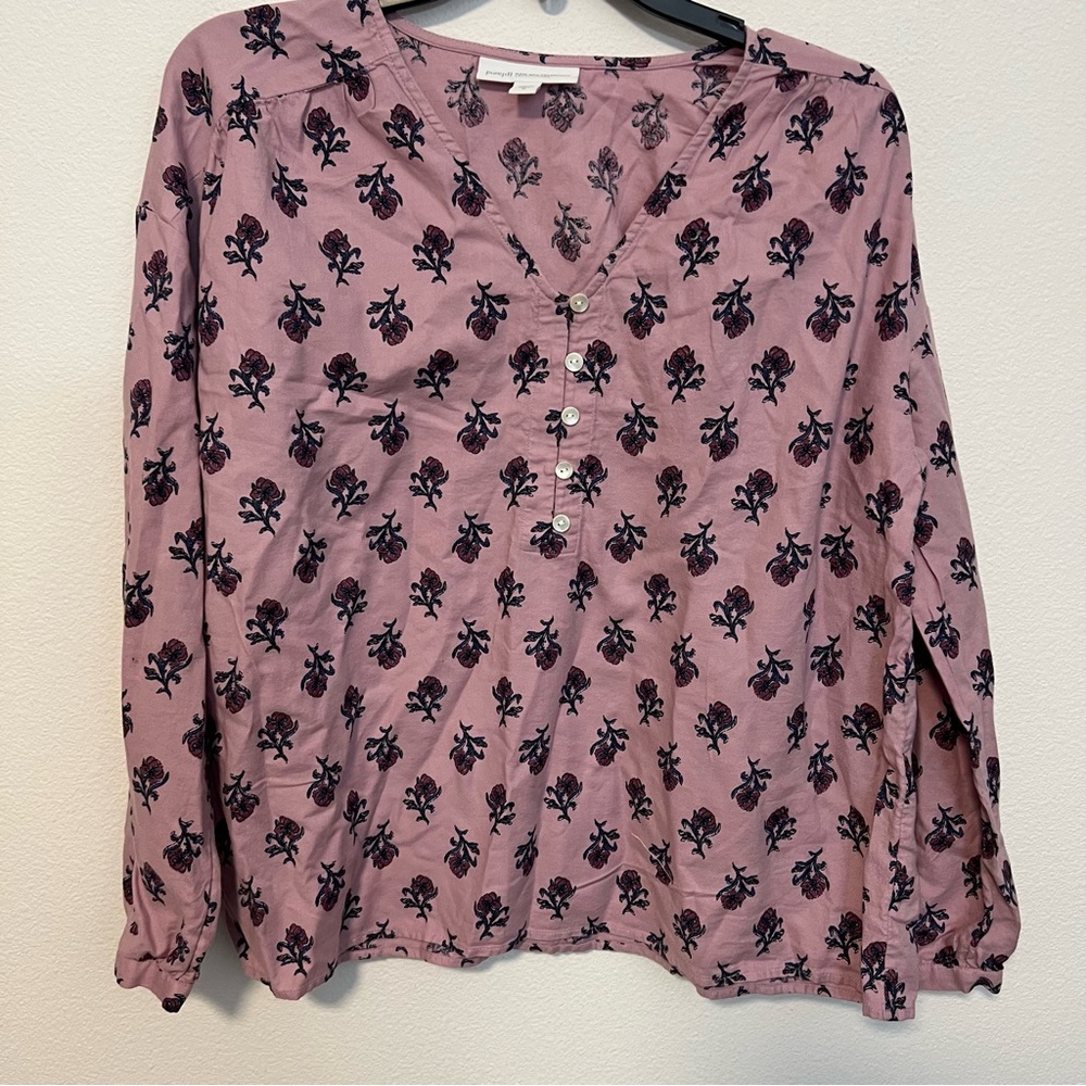 Pure Jill Organic Cotton Rose Floral Long Sleeve Top Sz Med